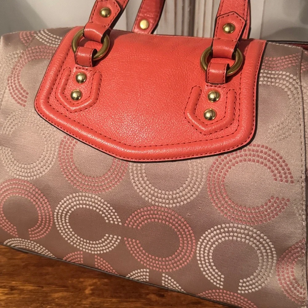 Coach Ashley Signature Tan Sateen,coral Leather Shoulder satchel Bag - Picture 6 of 11